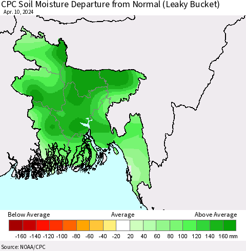 Bangladesh CPC Soil Moisture Departure from Normal (Leaky Bucket) Thematic Map For 4/6/2024 - 4/10/2024