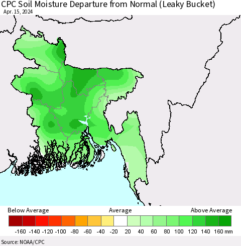 Bangladesh CPC Soil Moisture Departure from Normal (Leaky Bucket) Thematic Map For 4/11/2024 - 4/15/2024