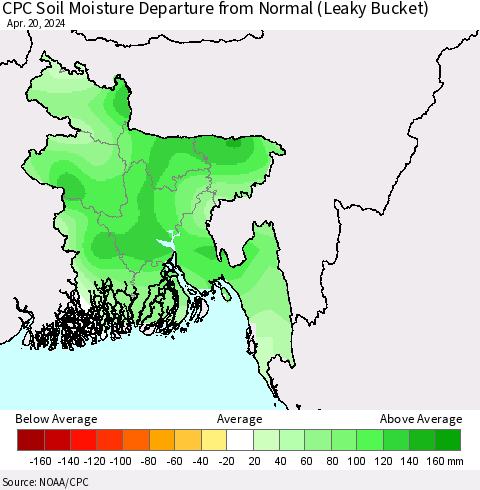 Bangladesh CPC Soil Moisture Departure from Normal (Leaky Bucket) Thematic Map For 4/16/2024 - 4/20/2024