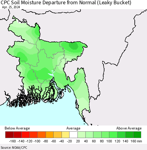Bangladesh CPC Soil Moisture Departure from Normal (Leaky Bucket) Thematic Map For 4/21/2024 - 4/25/2024