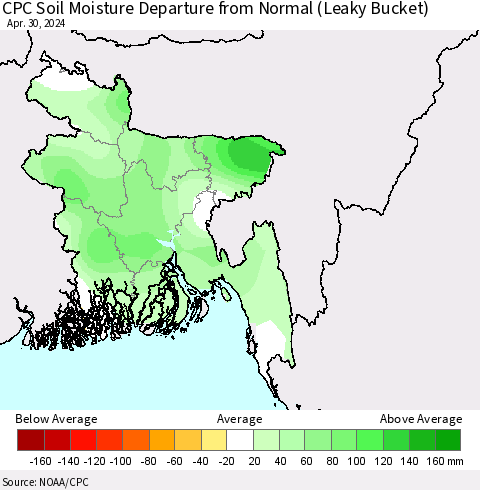 Bangladesh CPC Soil Moisture Departure from Normal (Leaky Bucket) Thematic Map For 4/26/2024 - 4/30/2024
