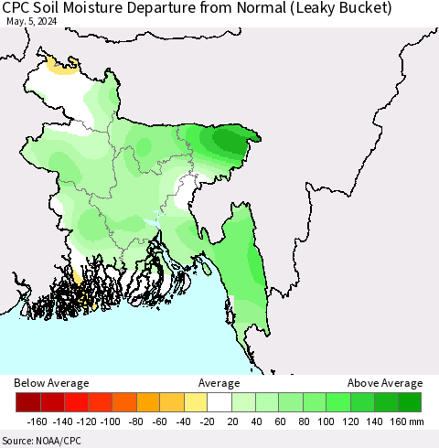 Bangladesh CPC Soil Moisture Departure from Normal (Leaky Bucket) Thematic Map For 5/1/2024 - 5/5/2024