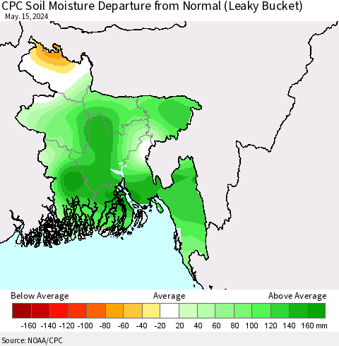 Bangladesh CPC Soil Moisture Departure from Normal (Leaky Bucket) Thematic Map For 5/11/2024 - 5/15/2024