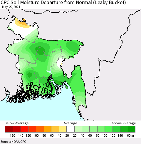 Bangladesh CPC Soil Moisture Departure from Normal (Leaky Bucket) Thematic Map For 5/16/2024 - 5/20/2024