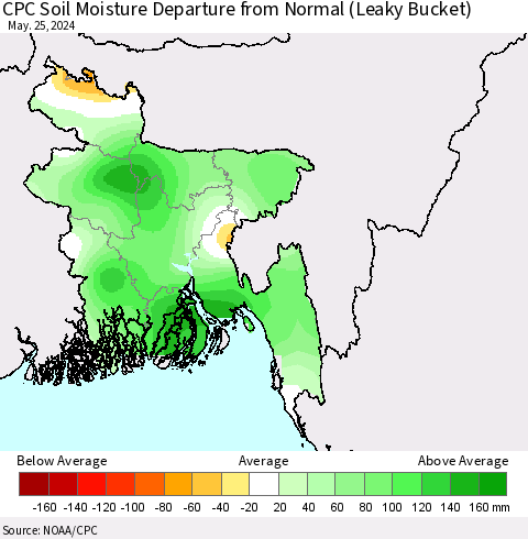 Bangladesh CPC Soil Moisture Departure from Normal (Leaky Bucket) Thematic Map For 5/21/2024 - 5/25/2024