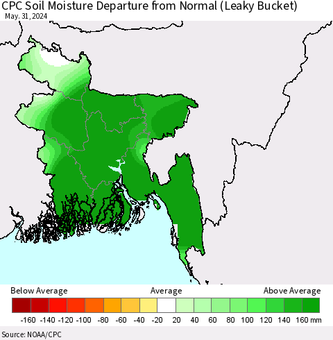 Bangladesh CPC Soil Moisture Departure from Normal (Leaky Bucket) Thematic Map For 5/26/2024 - 5/31/2024