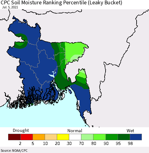 Bangladesh CPC Soil Moisture Ranking Percentile (Leaky Bucket) Thematic Map For 7/1/2021 - 7/5/2021