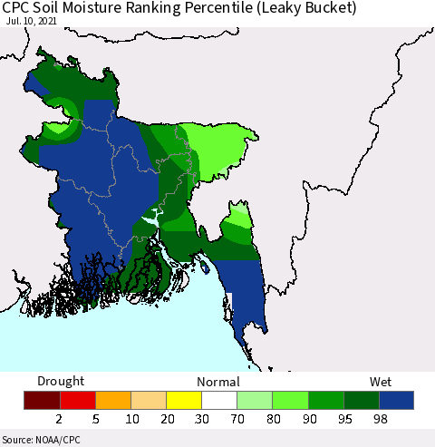 Bangladesh CPC Soil Moisture Ranking Percentile (Leaky Bucket) Thematic Map For 7/6/2021 - 7/10/2021
