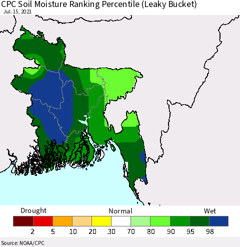 Bangladesh CPC Soil Moisture Ranking Percentile (Leaky Bucket) Thematic Map For 7/11/2021 - 7/15/2021