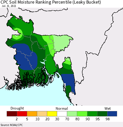 Bangladesh CPC Soil Moisture Ranking Percentile (Leaky Bucket) Thematic Map For 7/26/2021 - 7/31/2021