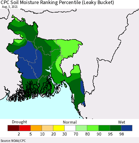 Bangladesh CPC Soil Moisture Ranking Percentile (Leaky Bucket) Thematic Map For 8/1/2021 - 8/5/2021