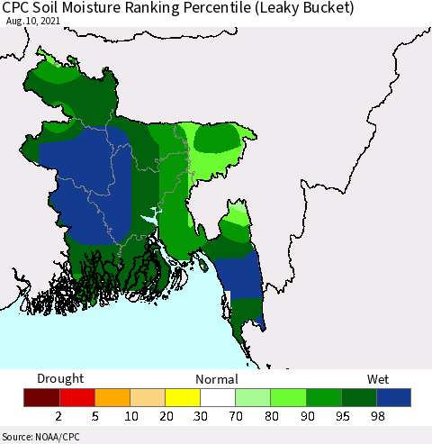 Bangladesh CPC Soil Moisture Ranking Percentile (Leaky Bucket) Thematic Map For 8/6/2021 - 8/10/2021