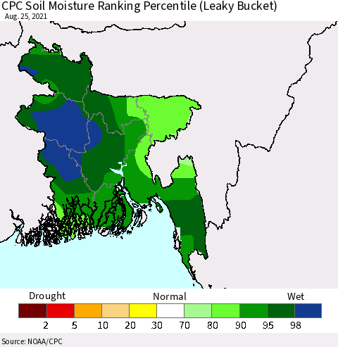 Bangladesh CPC Soil Moisture Ranking Percentile (Leaky Bucket) Thematic Map For 8/21/2021 - 8/25/2021