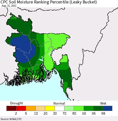 Bangladesh CPC Soil Moisture Ranking Percentile (Leaky Bucket) Thematic Map For 8/26/2021 - 8/31/2021