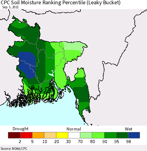 Bangladesh CPC Soil Moisture Ranking Percentile (Leaky Bucket) Thematic Map For 9/1/2021 - 9/5/2021