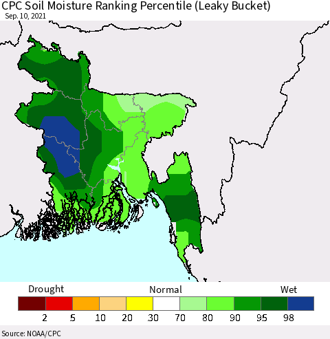 Bangladesh CPC Soil Moisture Ranking Percentile (Leaky Bucket) Thematic Map For 9/6/2021 - 9/10/2021