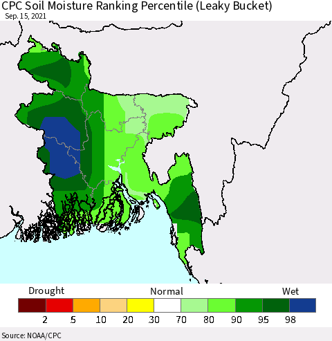Bangladesh CPC Soil Moisture Ranking Percentile (Leaky Bucket) Thematic Map For 9/11/2021 - 9/15/2021