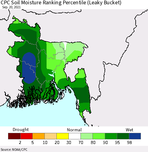Bangladesh CPC Soil Moisture Ranking Percentile (Leaky Bucket) Thematic Map For 9/16/2021 - 9/20/2021