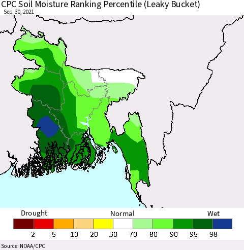 Bangladesh CPC Soil Moisture Ranking Percentile (Leaky Bucket) Thematic Map For 9/26/2021 - 9/30/2021