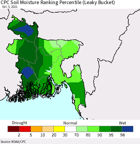 Bangladesh CPC Soil Moisture Ranking Percentile (Leaky Bucket) Thematic Map For 10/1/2021 - 10/5/2021