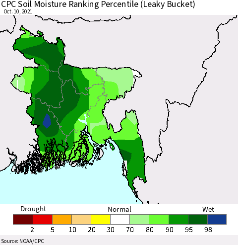 Bangladesh CPC Soil Moisture Ranking Percentile (Leaky Bucket) Thematic Map For 10/6/2021 - 10/10/2021