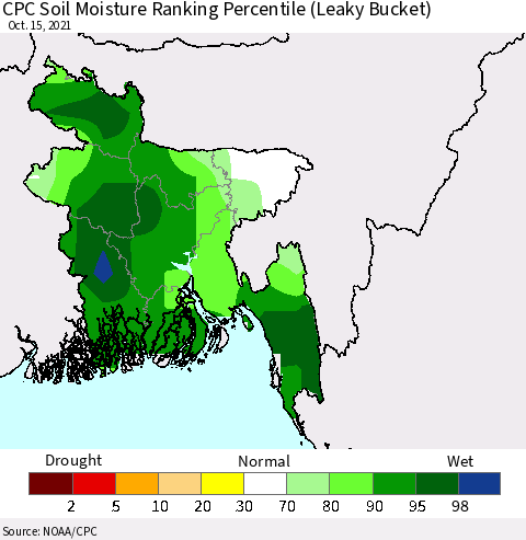 Bangladesh CPC Soil Moisture Ranking Percentile (Leaky Bucket) Thematic Map For 10/11/2021 - 10/15/2021