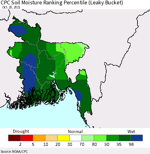 Bangladesh CPC Soil Moisture Ranking Percentile (Leaky Bucket) Thematic Map For 10/16/2021 - 10/20/2021