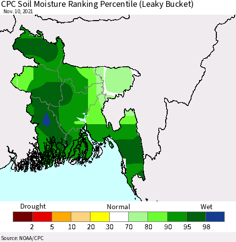 Bangladesh CPC Soil Moisture Ranking Percentile (Leaky Bucket) Thematic Map For 11/6/2021 - 11/10/2021
