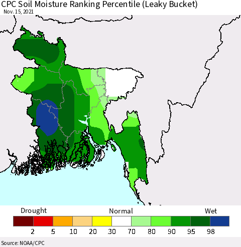 Bangladesh CPC Soil Moisture Ranking Percentile (Leaky Bucket) Thematic Map For 11/11/2021 - 11/15/2021