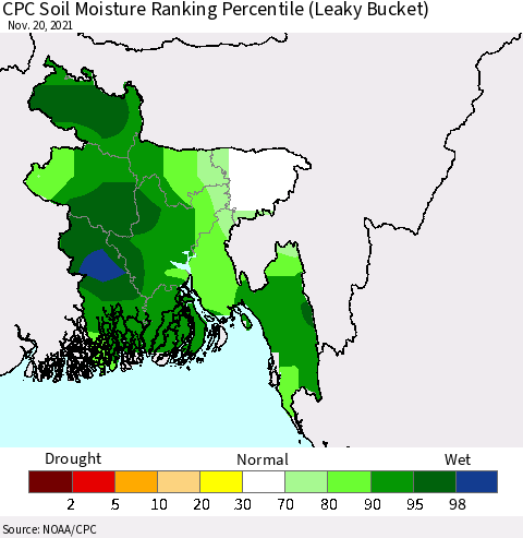 Bangladesh CPC Soil Moisture Ranking Percentile (Leaky Bucket) Thematic Map For 11/16/2021 - 11/20/2021