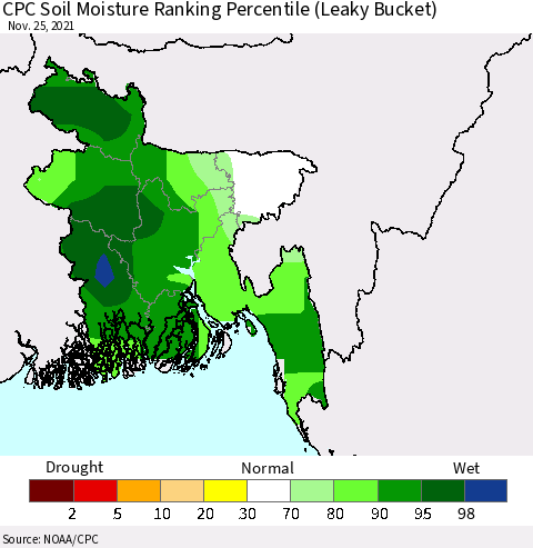 Bangladesh CPC Soil Moisture Ranking Percentile (Leaky Bucket) Thematic Map For 11/21/2021 - 11/25/2021