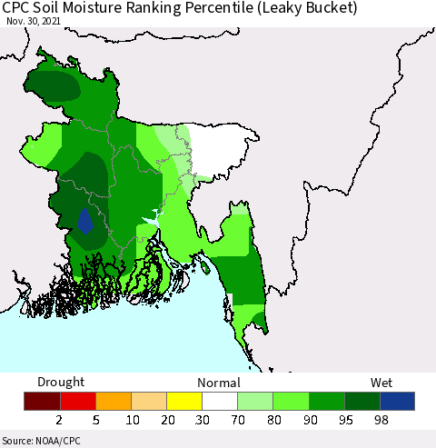 Bangladesh CPC Soil Moisture Ranking Percentile (Leaky Bucket) Thematic Map For 11/26/2021 - 11/30/2021