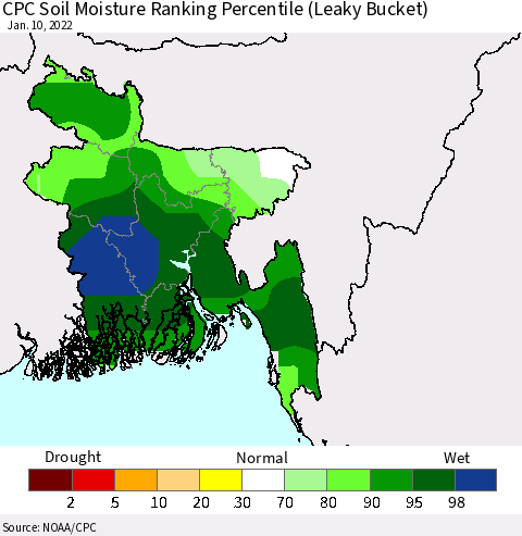 Bangladesh CPC Soil Moisture Ranking Percentile (Leaky Bucket) Thematic Map For 1/6/2022 - 1/10/2022