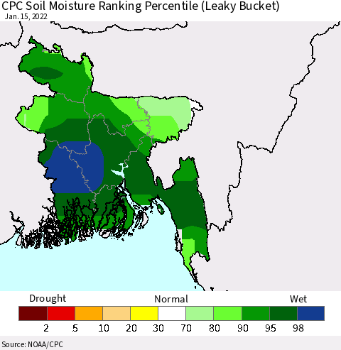 Bangladesh CPC Soil Moisture Ranking Percentile (Leaky Bucket) Thematic Map For 1/11/2022 - 1/15/2022