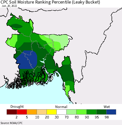 Bangladesh CPC Soil Moisture Ranking Percentile (Leaky Bucket) Thematic Map For 1/16/2022 - 1/20/2022