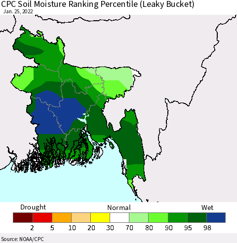 Bangladesh CPC Soil Moisture Ranking Percentile (Leaky Bucket) Thematic Map For 1/21/2022 - 1/25/2022