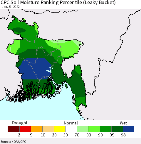 Bangladesh CPC Soil Moisture Ranking Percentile (Leaky Bucket) Thematic Map For 1/26/2022 - 1/31/2022