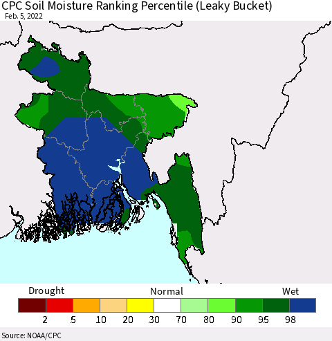 Bangladesh CPC Soil Moisture Ranking Percentile (Leaky Bucket) Thematic Map For 2/1/2022 - 2/5/2022