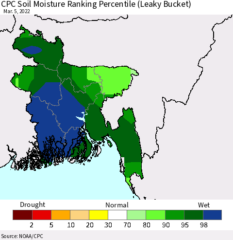 Bangladesh CPC Soil Moisture Ranking Percentile (Leaky Bucket) Thematic Map For 3/1/2022 - 3/5/2022