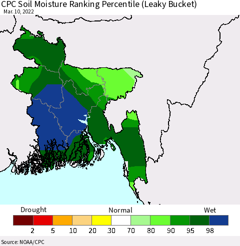 Bangladesh CPC Soil Moisture Ranking Percentile (Leaky Bucket) Thematic Map For 3/6/2022 - 3/10/2022