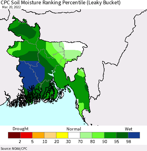 Bangladesh CPC Soil Moisture Ranking Percentile (Leaky Bucket) Thematic Map For 3/16/2022 - 3/20/2022