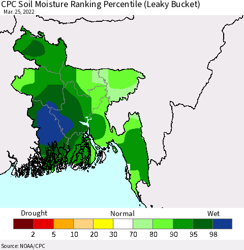 Bangladesh CPC Soil Moisture Ranking Percentile (Leaky Bucket) Thematic Map For 3/21/2022 - 3/25/2022