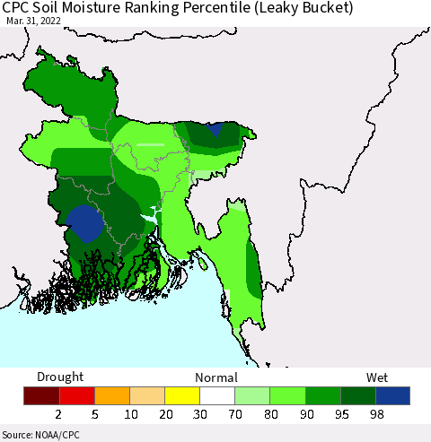 Bangladesh CPC Soil Moisture Ranking Percentile (Leaky Bucket) Thematic Map For 3/26/2022 - 3/31/2022