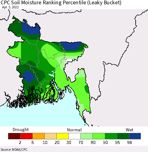 Bangladesh CPC Soil Moisture Ranking Percentile (Leaky Bucket) Thematic Map For 4/1/2022 - 4/5/2022