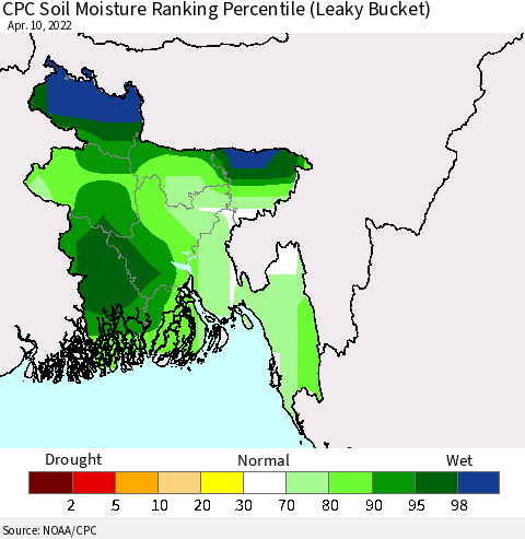 Bangladesh CPC Soil Moisture Ranking Percentile (Leaky Bucket) Thematic Map For 4/6/2022 - 4/10/2022