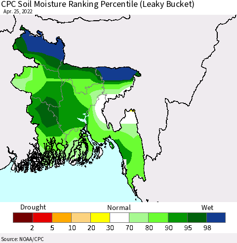 Bangladesh CPC Soil Moisture Ranking Percentile (Leaky Bucket) Thematic Map For 4/21/2022 - 4/25/2022