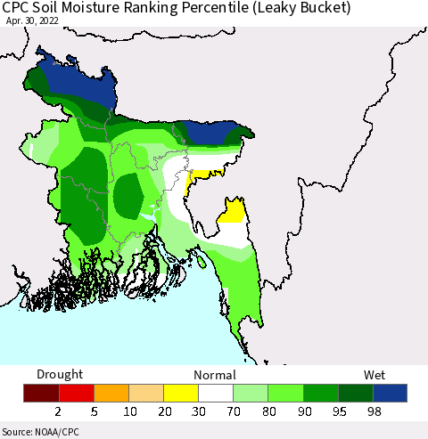 Bangladesh CPC Soil Moisture Ranking Percentile (Leaky Bucket) Thematic Map For 4/26/2022 - 4/30/2022
