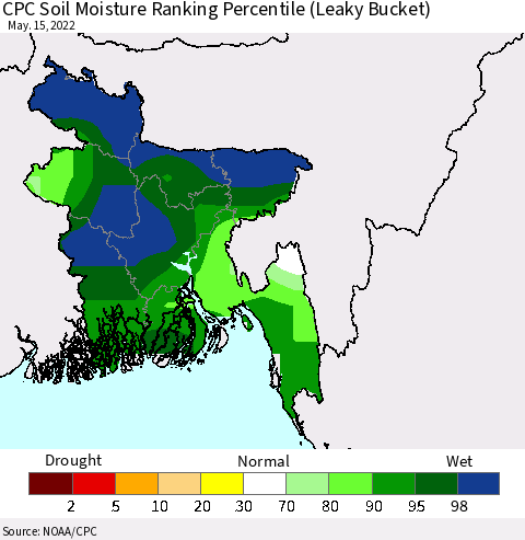 Bangladesh CPC Soil Moisture Ranking Percentile (Leaky Bucket) Thematic Map For 5/11/2022 - 5/15/2022