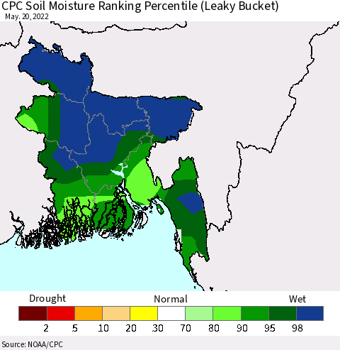 Bangladesh CPC Soil Moisture Ranking Percentile (Leaky Bucket) Thematic Map For 5/16/2022 - 5/20/2022