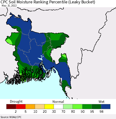 Bangladesh CPC Soil Moisture Ranking Percentile (Leaky Bucket) Thematic Map For 5/26/2022 - 5/31/2022